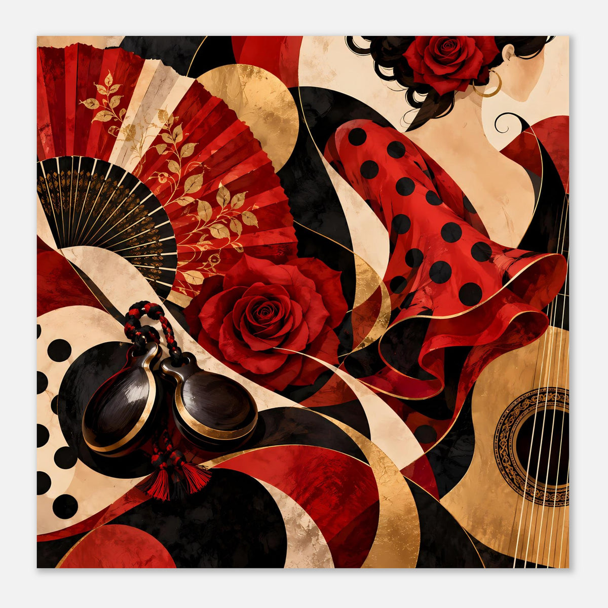 Horizontales Poster mit Flamenco-Kunst: roter Fächer, Rose, Saiten-Optik
