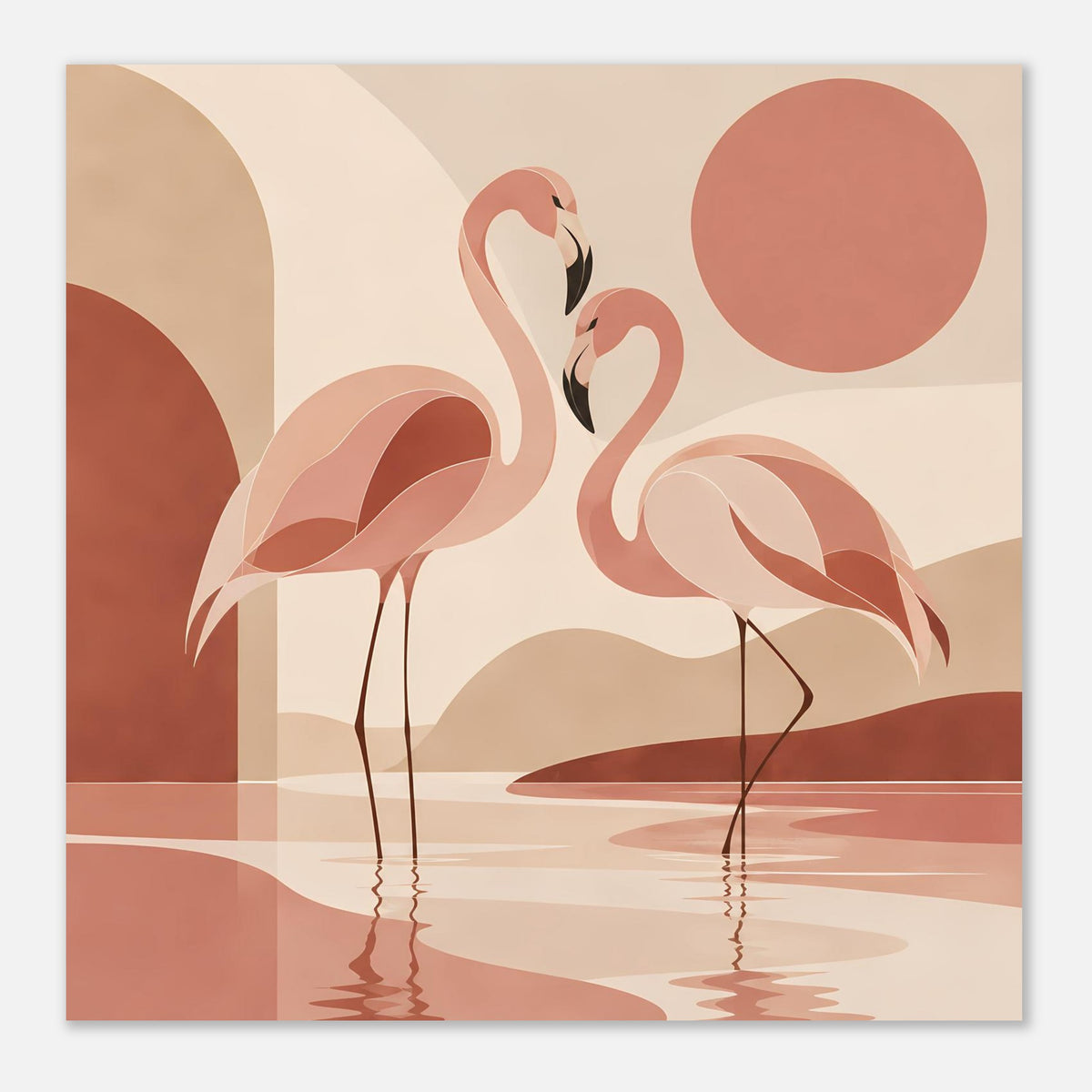 Naturposter mit zwei Flamingos, warmes abstraktes Layout und spiegelnde Wasserfläche