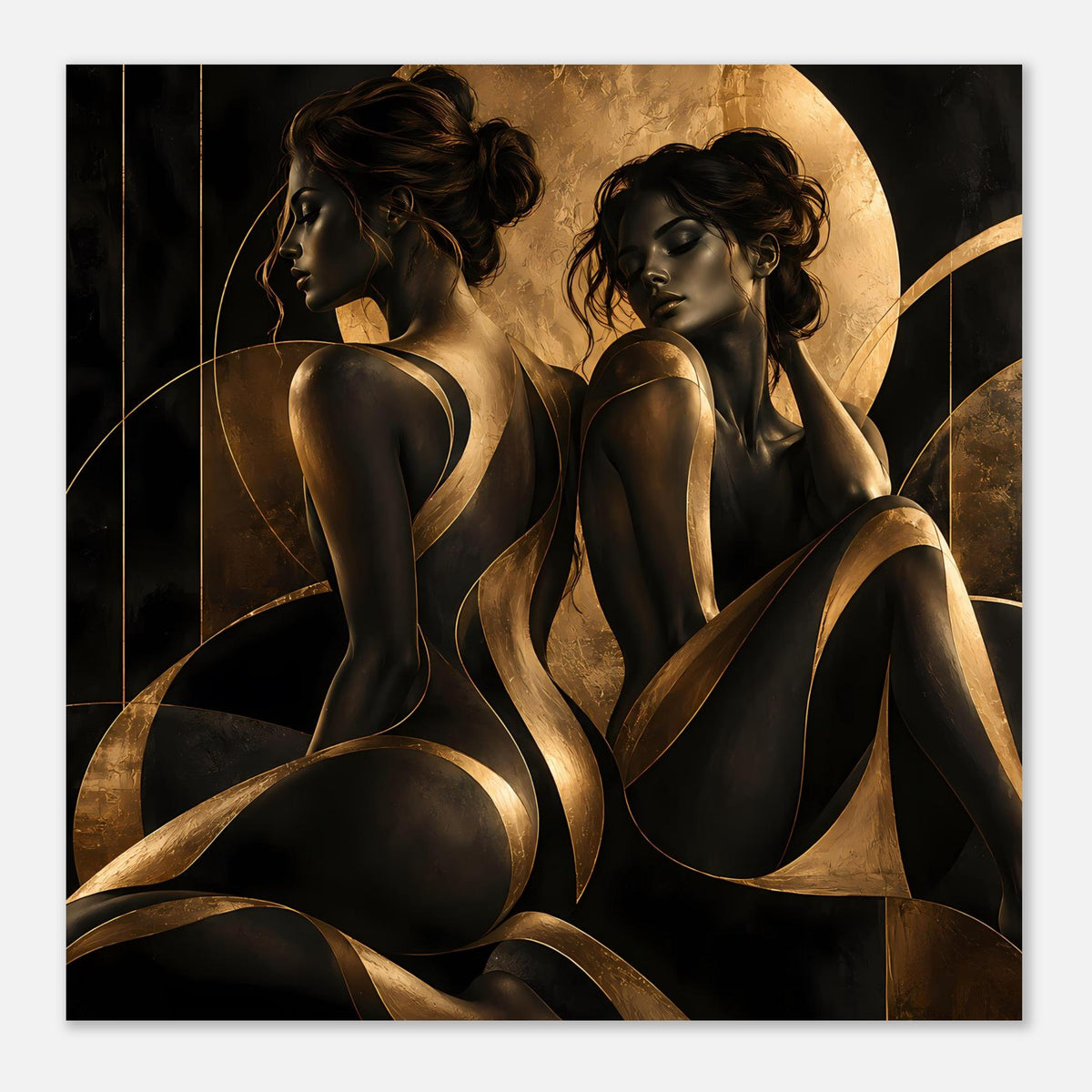 Kunstposter mit zwei Frauenakt-Silhouetten in Schwarz und Gold, rechte Bildkomposition