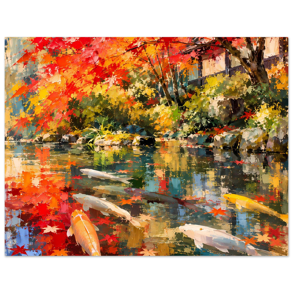 Poster mit Teichlandschaft und Koi-Fischen, Herbstfarben und Spiegelungen im Wasser