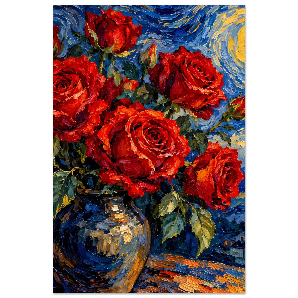 Poster mit rotem Rosenstrauß in Vase, detaillierte Blätter und blau-gelber Farbverlauf
