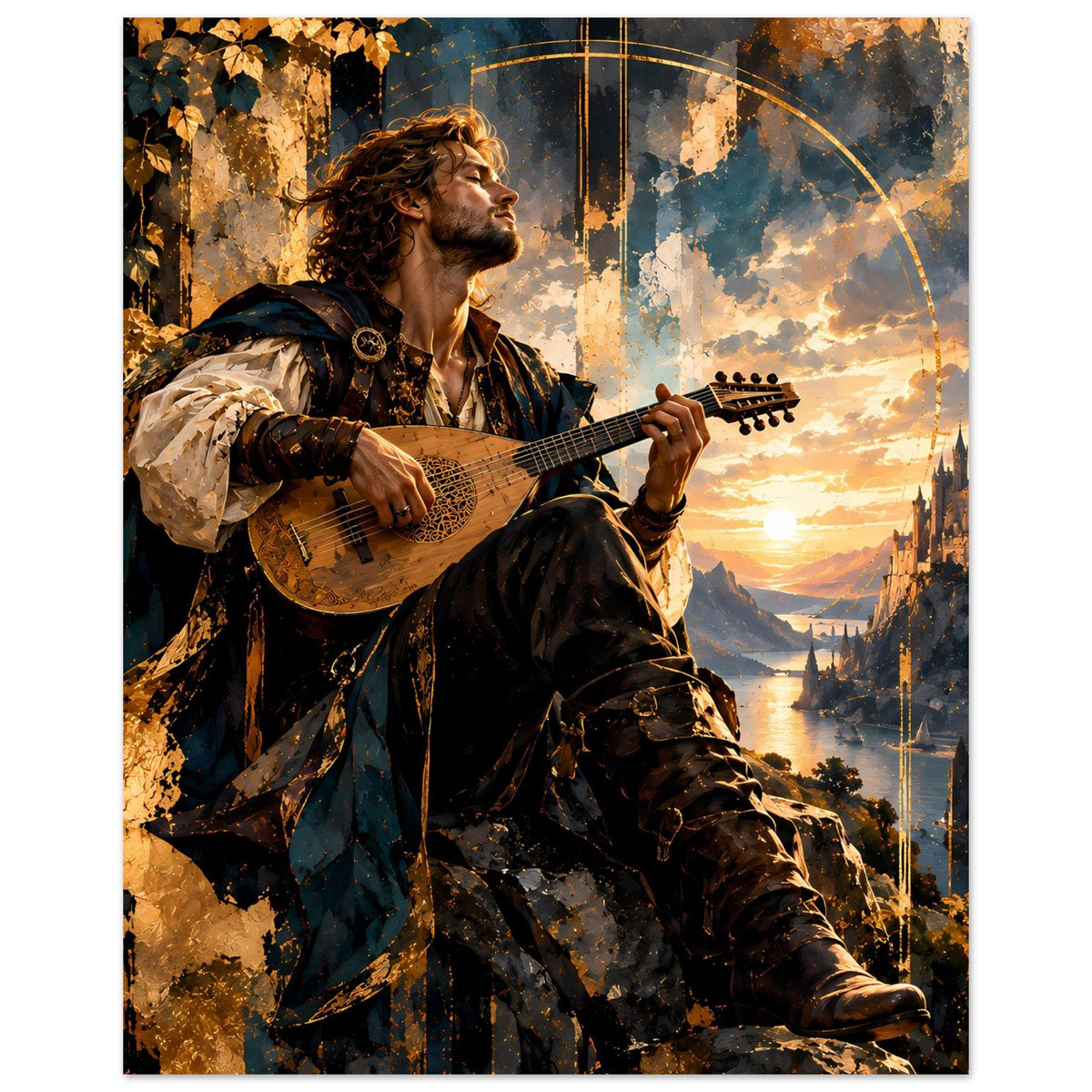 Fantasy-Barden-Poster mit Gitarrist und auffälliger Pose beim Sonnenuntergang
