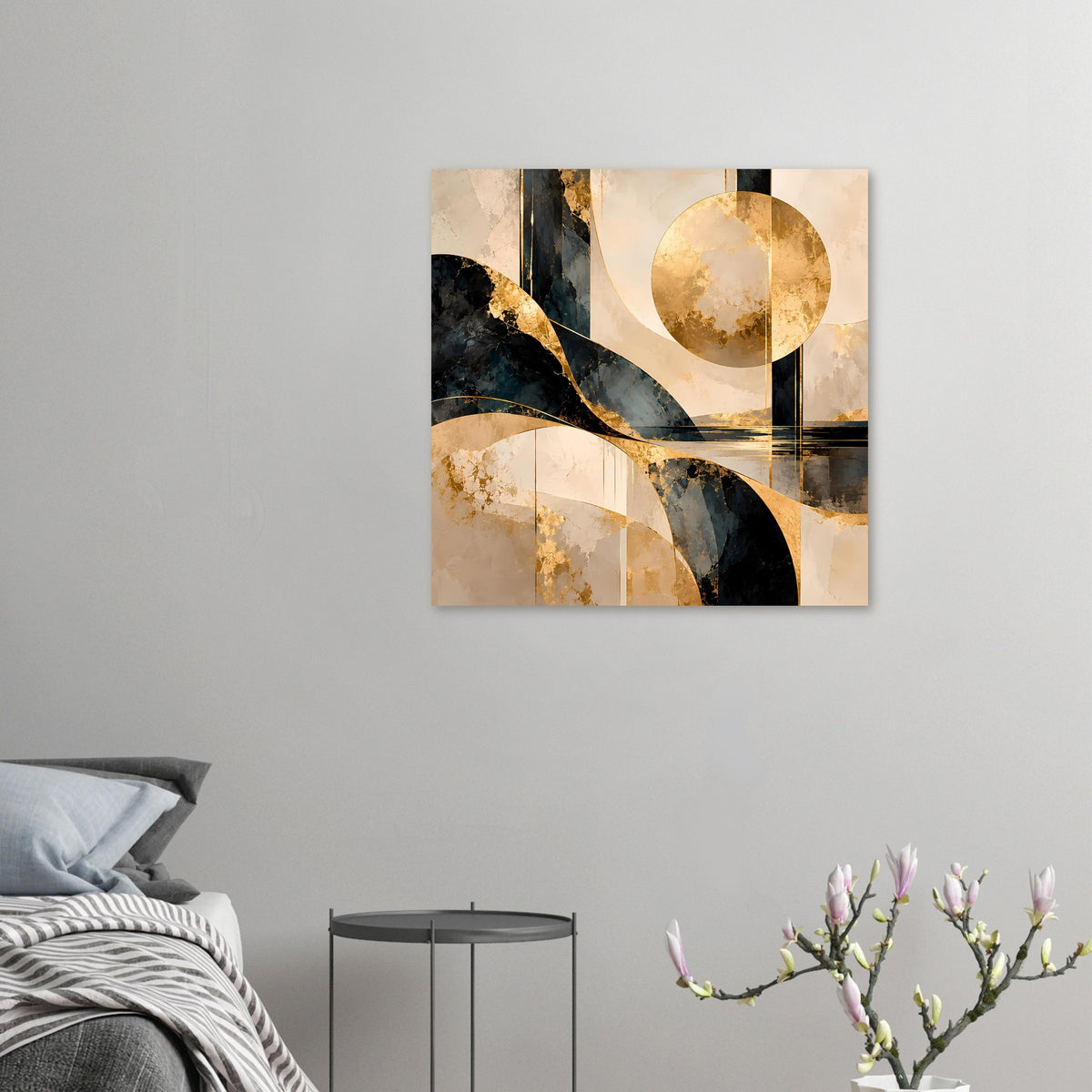 Kleines abstraktes Poster: goldene Kreisform, schwarze Bögen und dunkelblaue Akzente