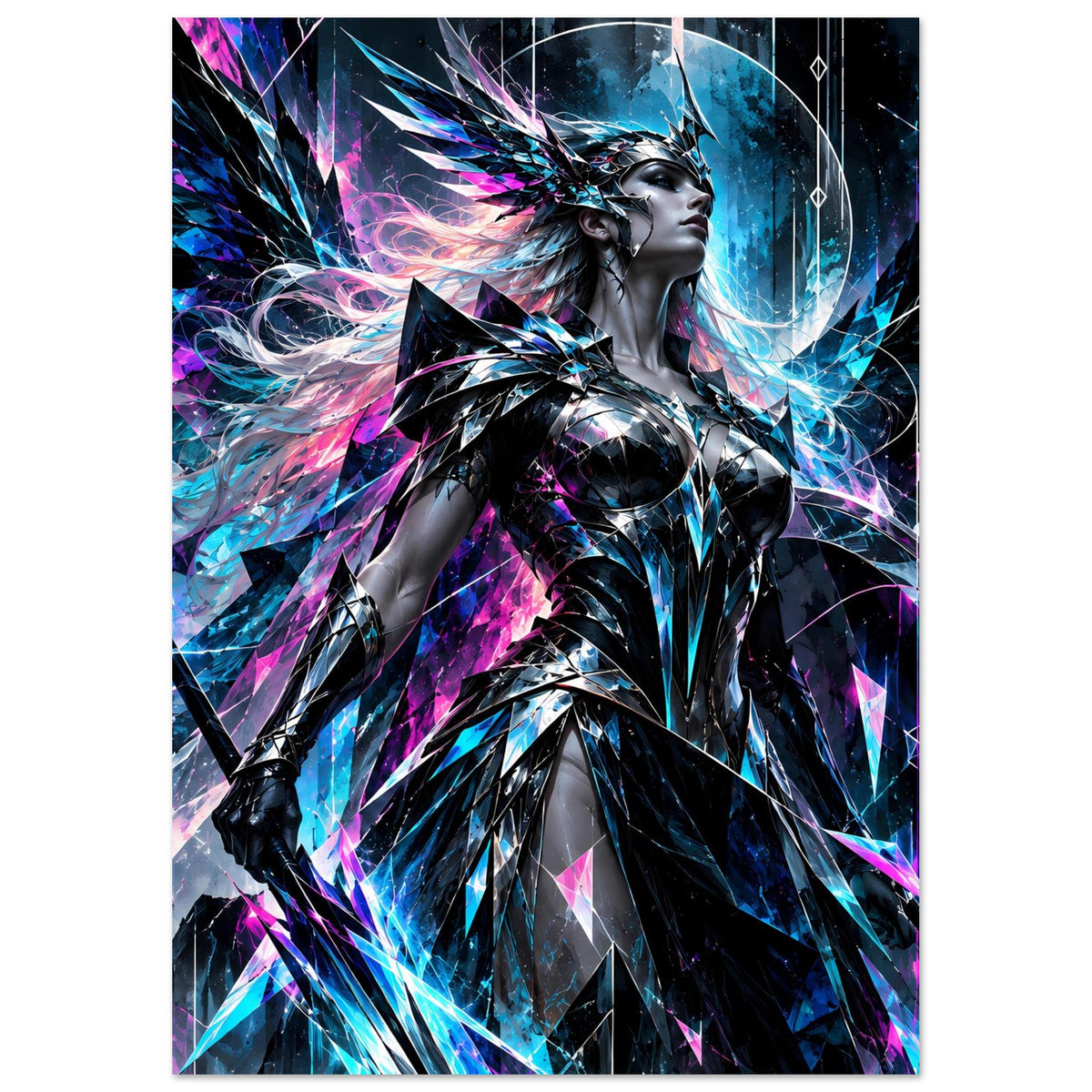 Neon-Valkyrie-Poster: hochkant, silberne Valkyrie mit Blau- und Pink-Lichtsplittern