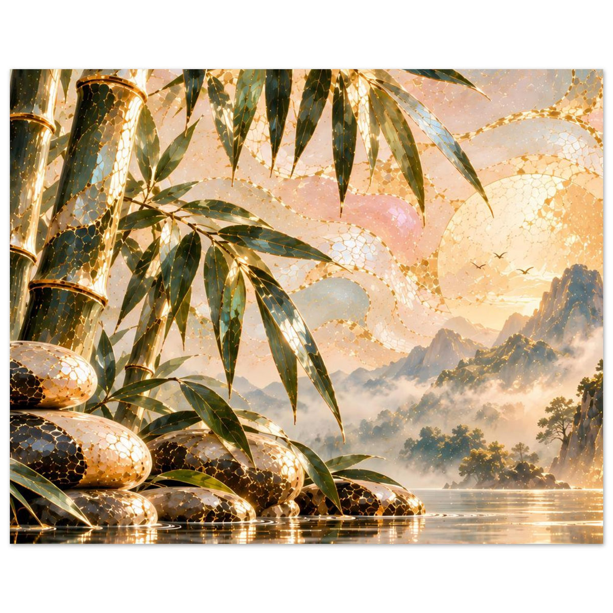 Wandposter mit Bambus, goldenen Zen-Steinen und Wasserlauf; Landschaft mit Bergen