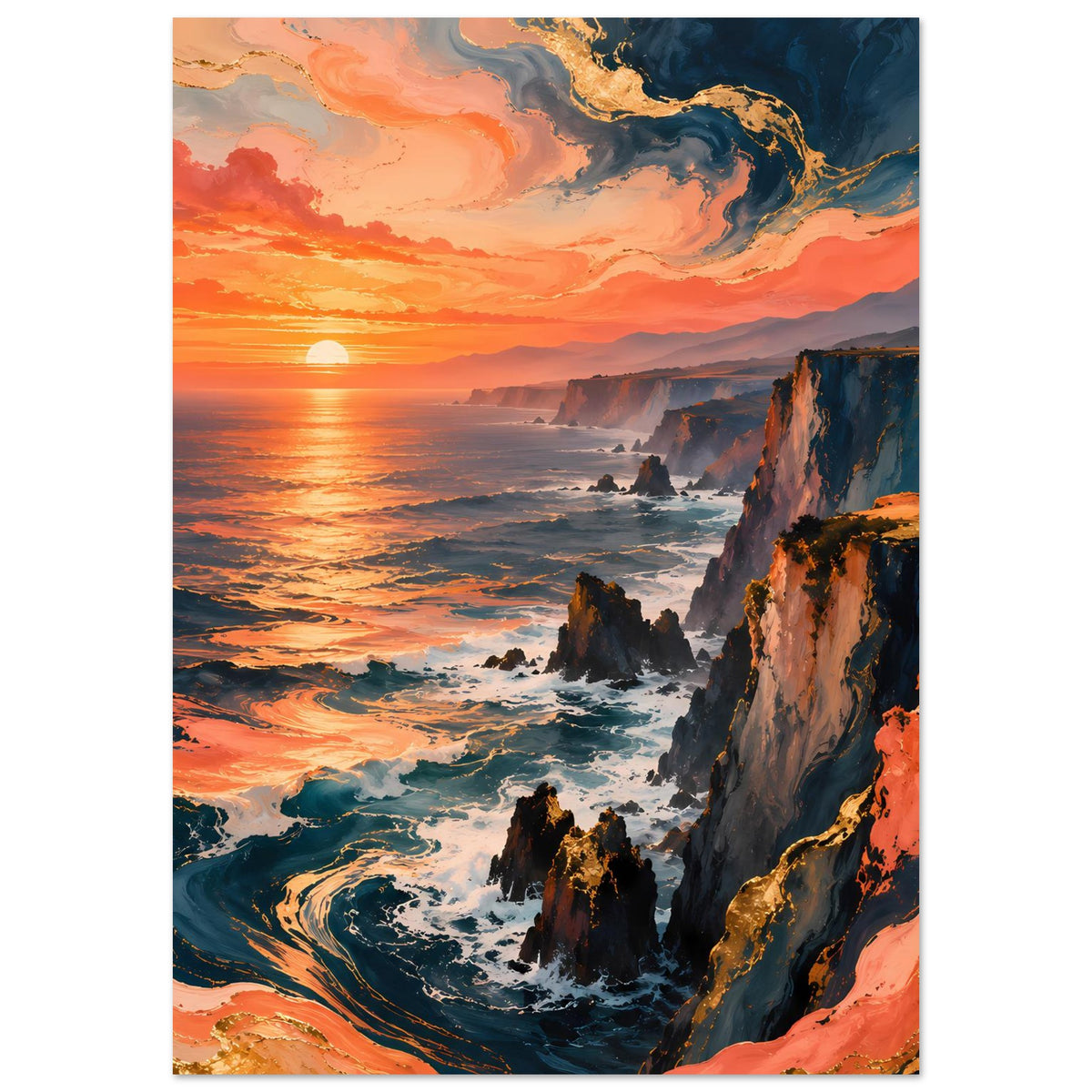 Hochformat-Poster: Sonnenuntergang an der Küste mit großer Sonne, orangefarbenen Wolken und Klippen
