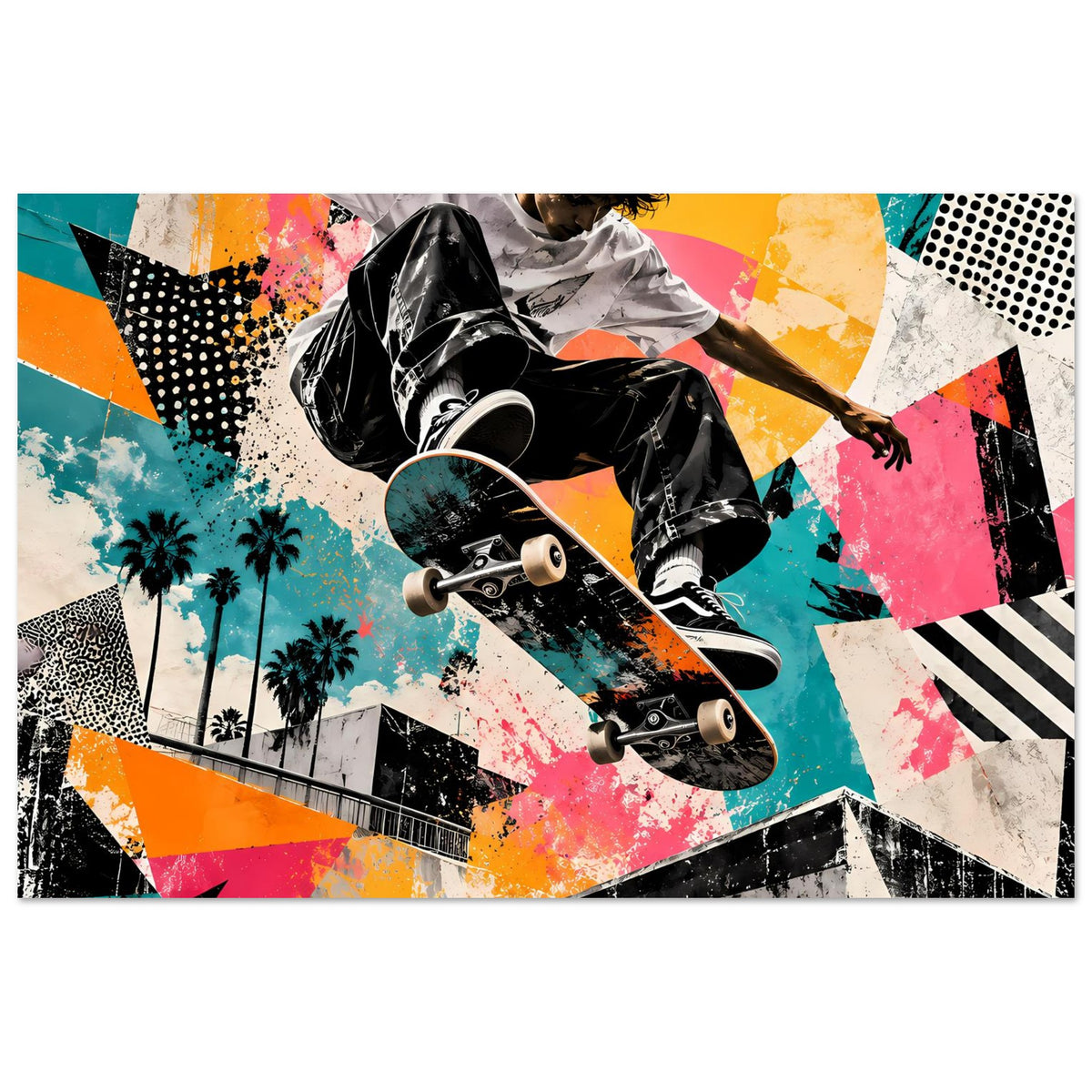 Street-Art-Poster im Querformat: Skateboarder in Schwarz-Weiß, Neonmuster und Graffiti