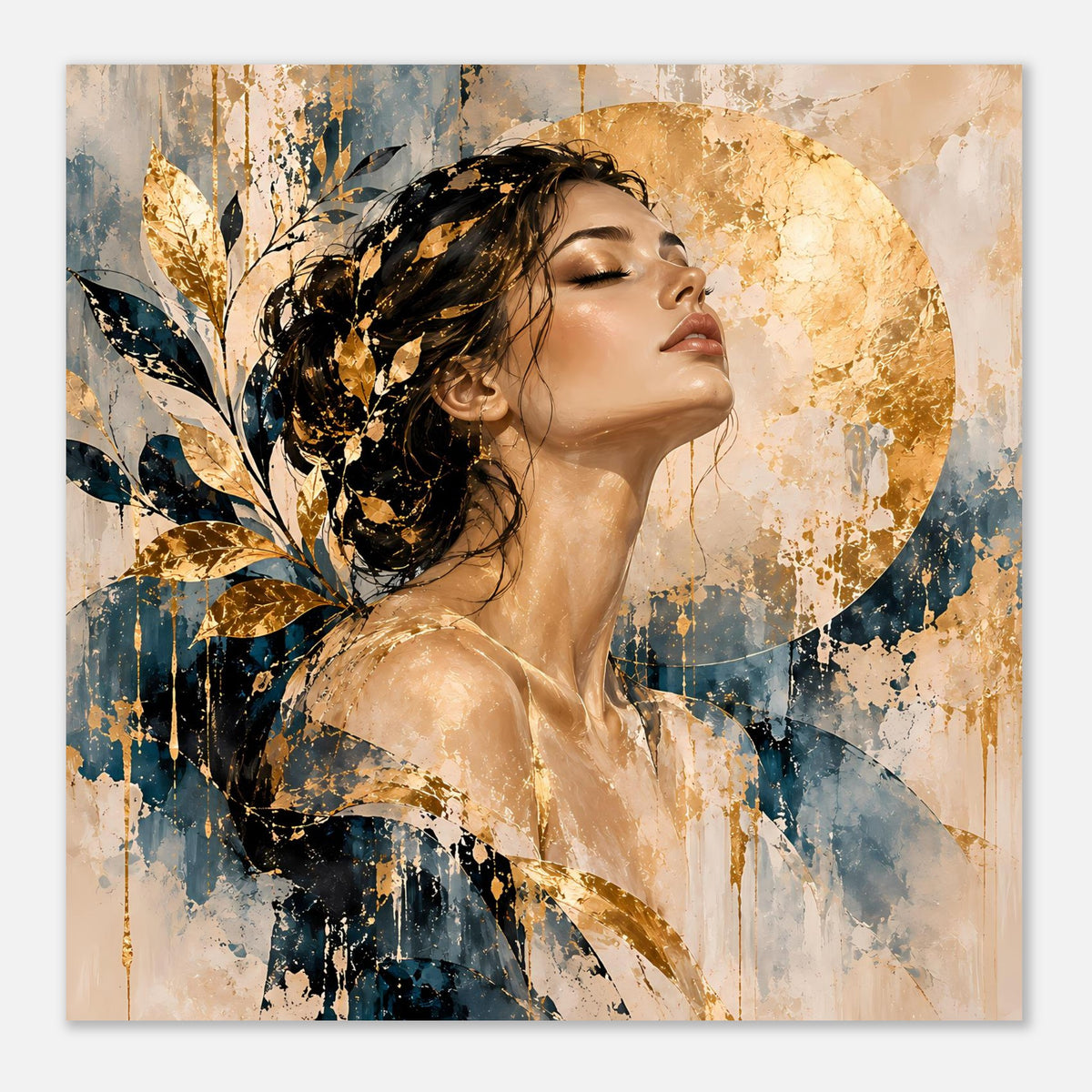 Kunstposter mit Frauenporträt, gold-schimmernden Elementen und blauem Farbverlauf
