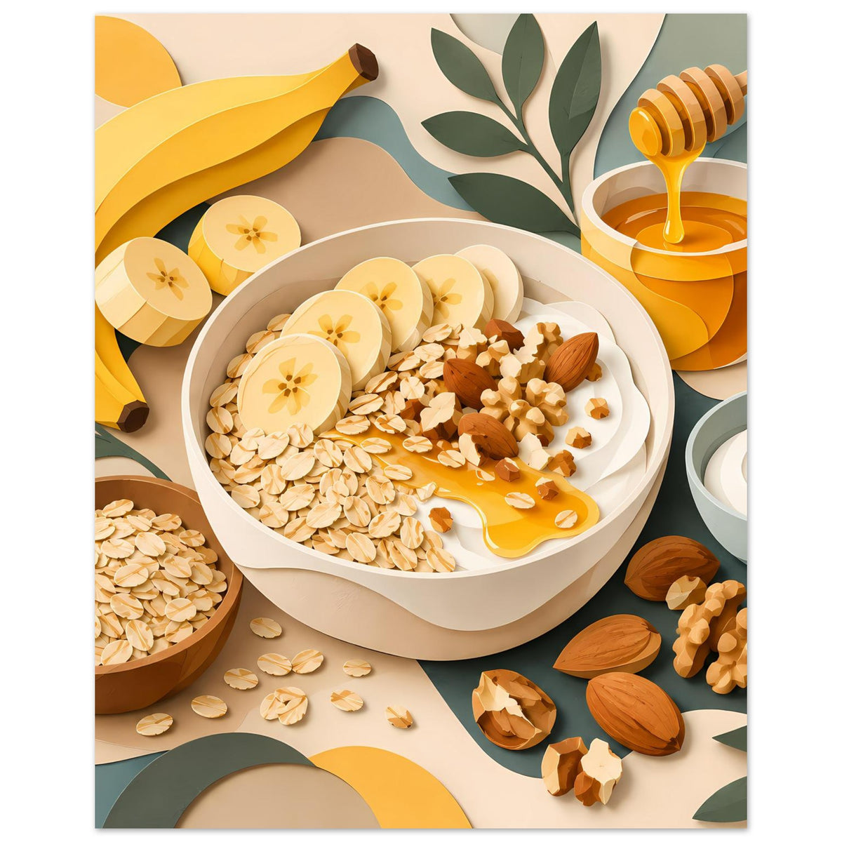 Poster mit Frühstücksschale-Motiv: Müsli, Honig, Bananenscheiben und Nüsse