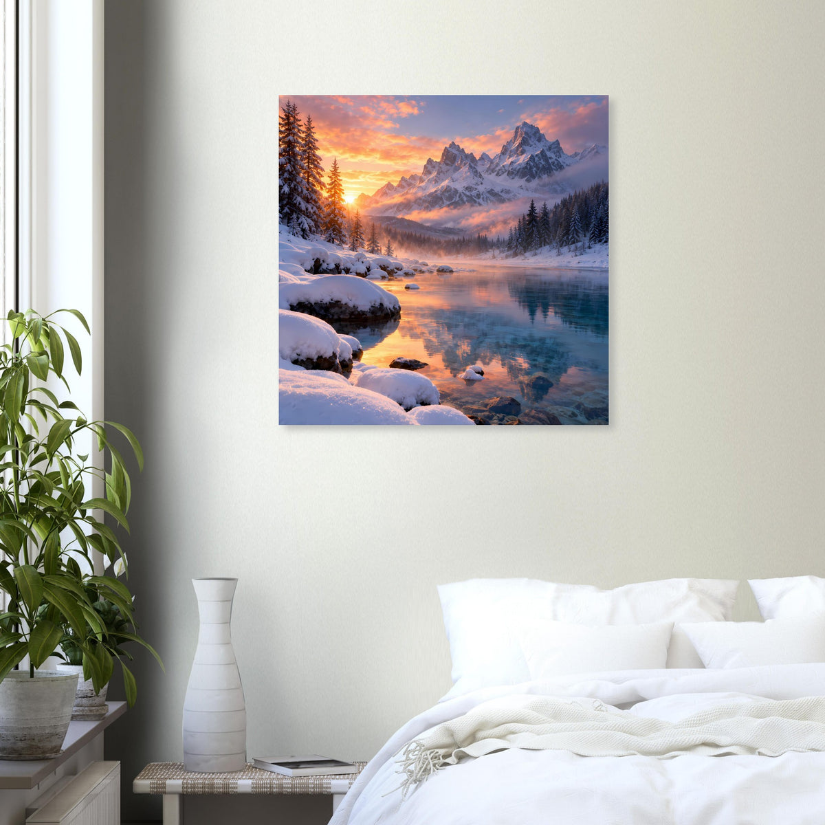 Winterlandschafts-Poster mit verschneiten Uferbüschen, Sonnenaufgang und Bergen