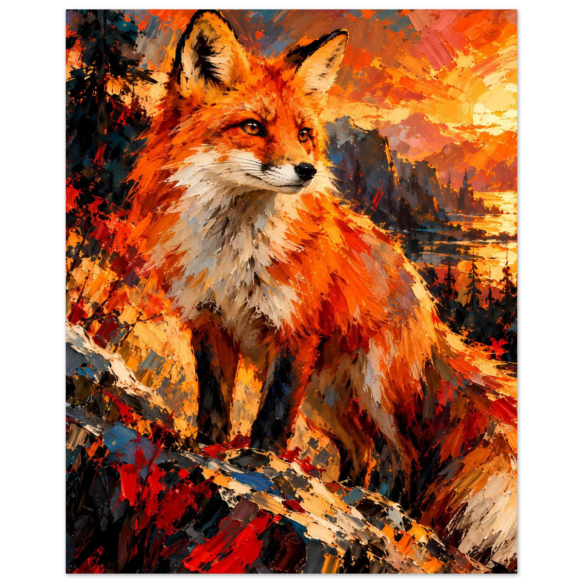 Fuchs-Porträtposter mit orangefarbenem Fell, weißer Schnauze und markanten, aufgerichteten Ohren