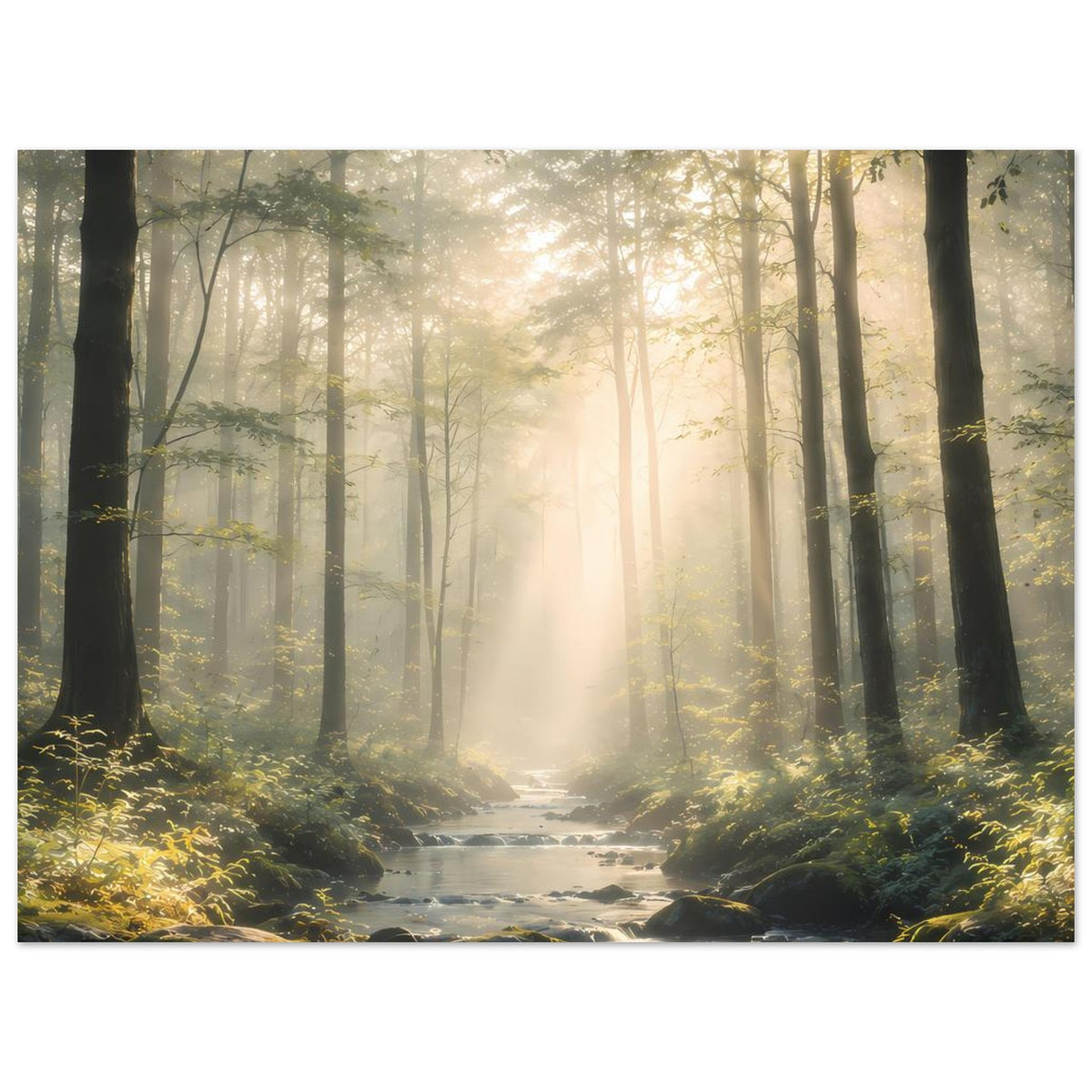 Naturposter Querformat: Wald mit Lichtkegel über Bachlauf