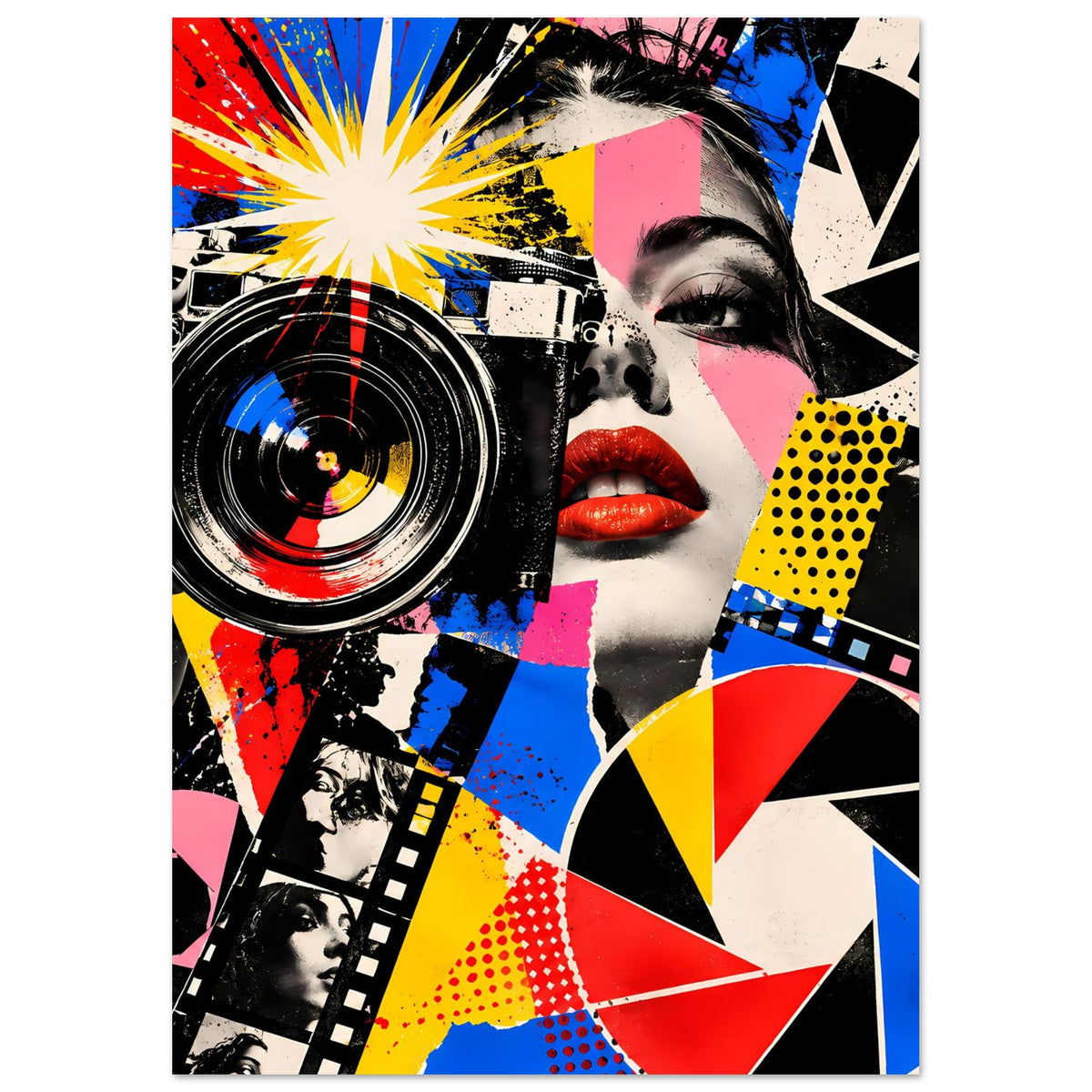 Pop-Art-Fotografie-Poster mit markanter Kamera-Linse, Porträt rechts und kräftigen Farben