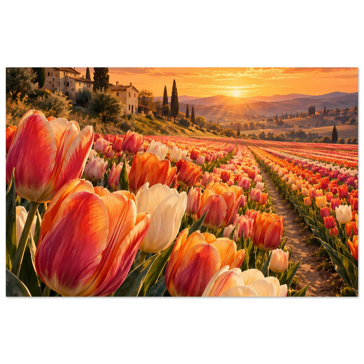 Poster mit Tulpenallee und Sonnenuntergang über dem Feld, orange-rote und weiße Tulpen