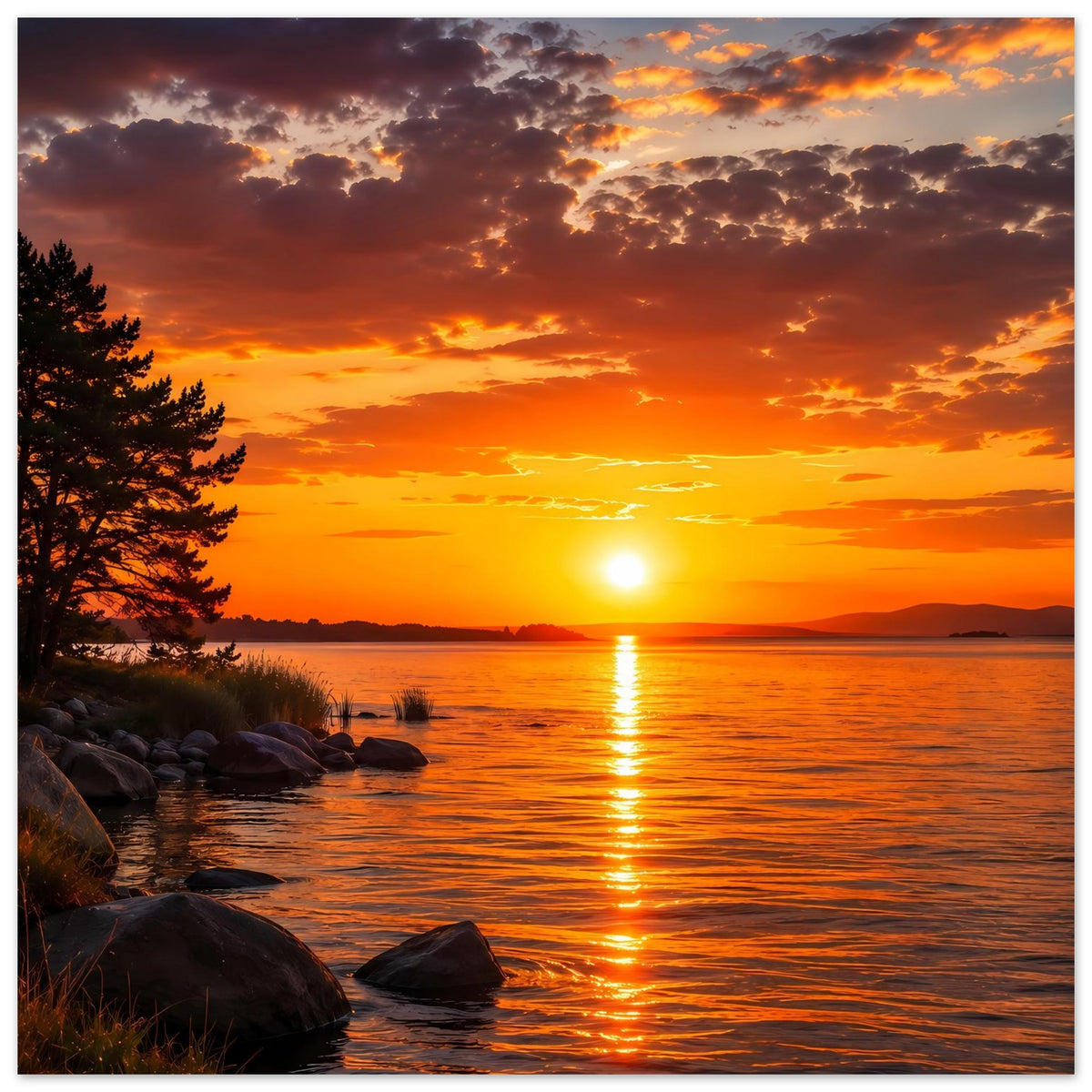 Sunset-Landschaftsposter im Querformat mit orangefarbenem Himmel, Sonne am Wasser und Baum links