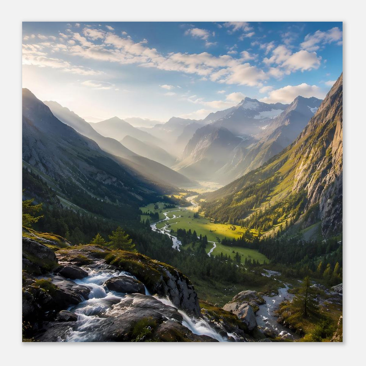 Poster mit Alpenpanorama, grünem Tal, Bergen und Wasserlauf im Vordergrund