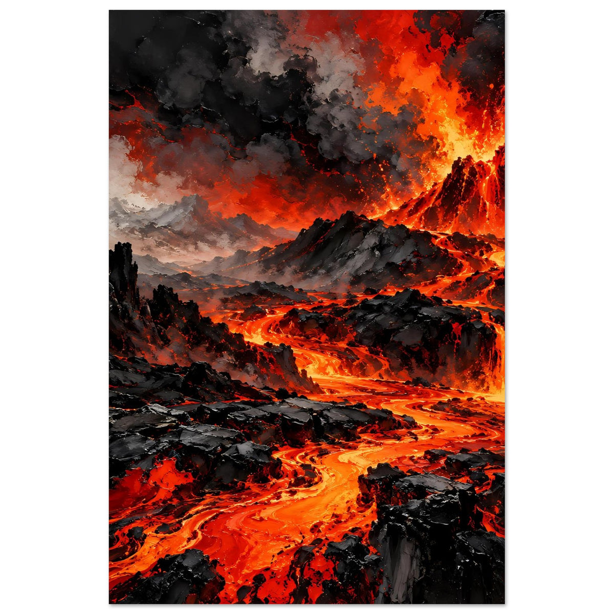 Poster im Hochformat mit Lavafluss, Feuer im Hintergrund und schwarzen Bergformationen