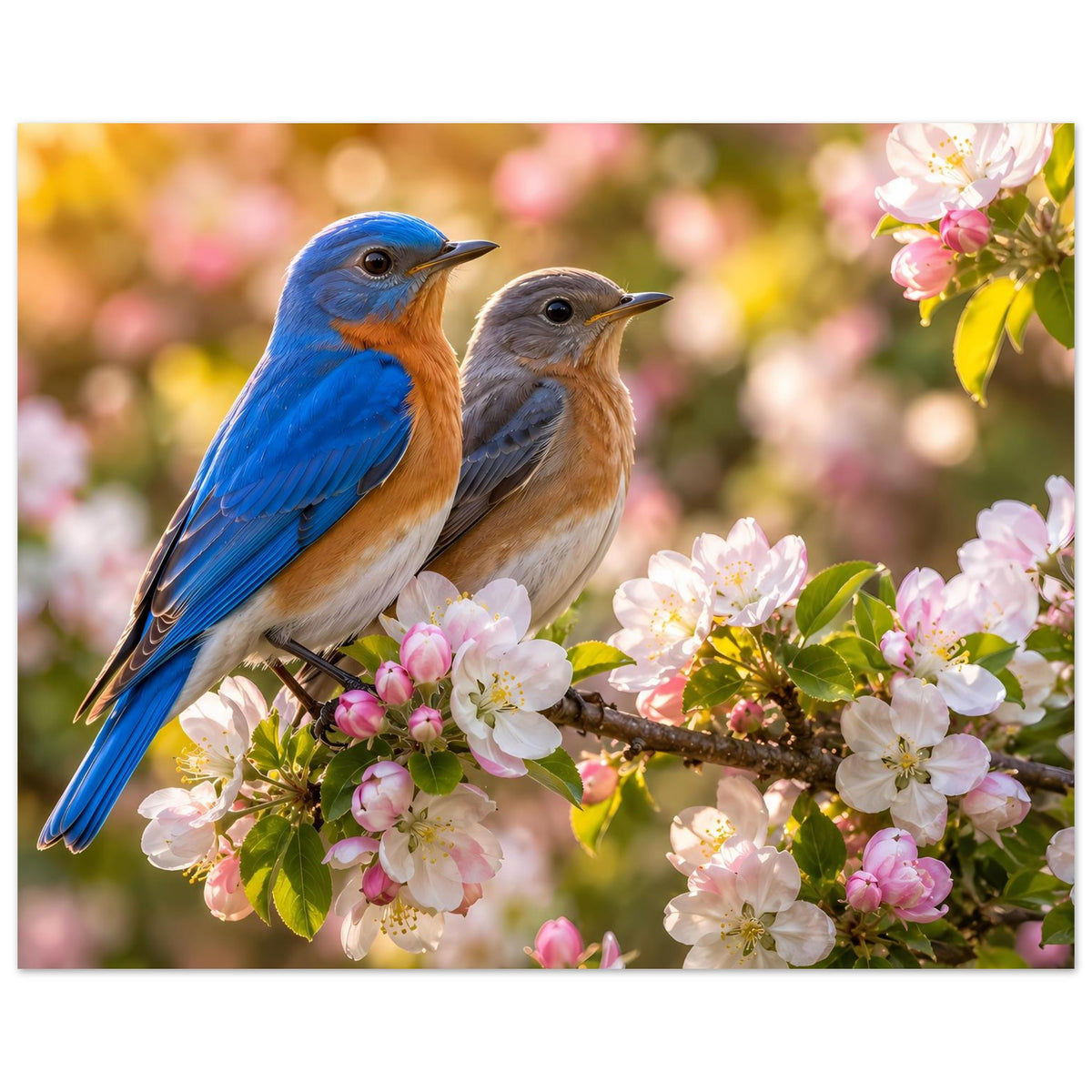 Vogelposter: Zwei blau-braune Vögel sitzen dicht aneinander auf einem Zweig mit rosa Blüten