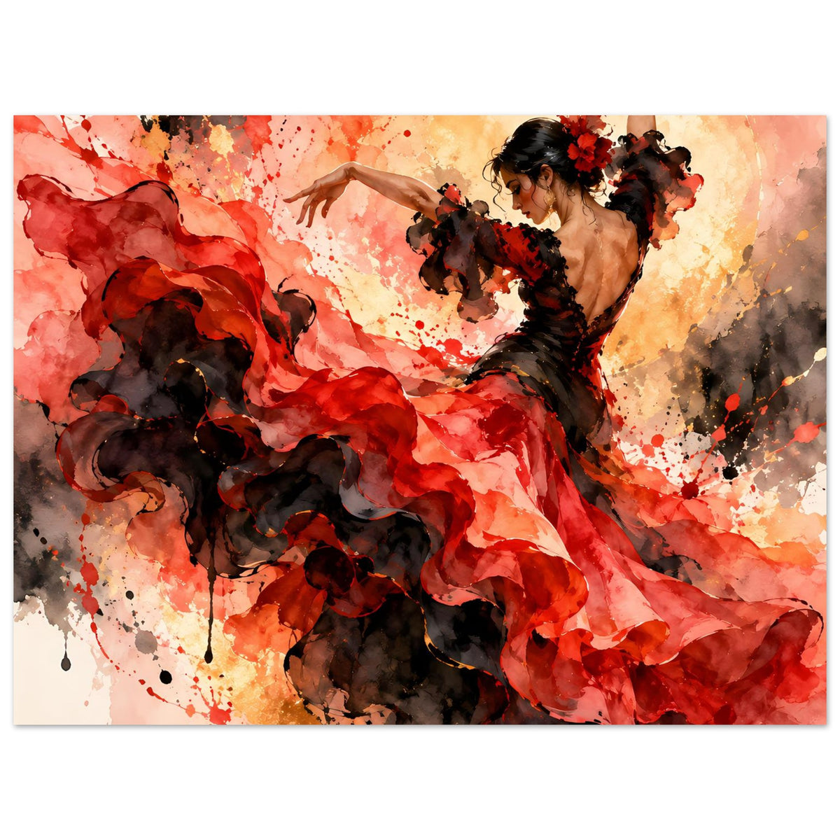 Flamenco-Tanzposter: Frau in Flamenco-Pose, roter Rock mit schwarzen Schatten und Spritzfarbe