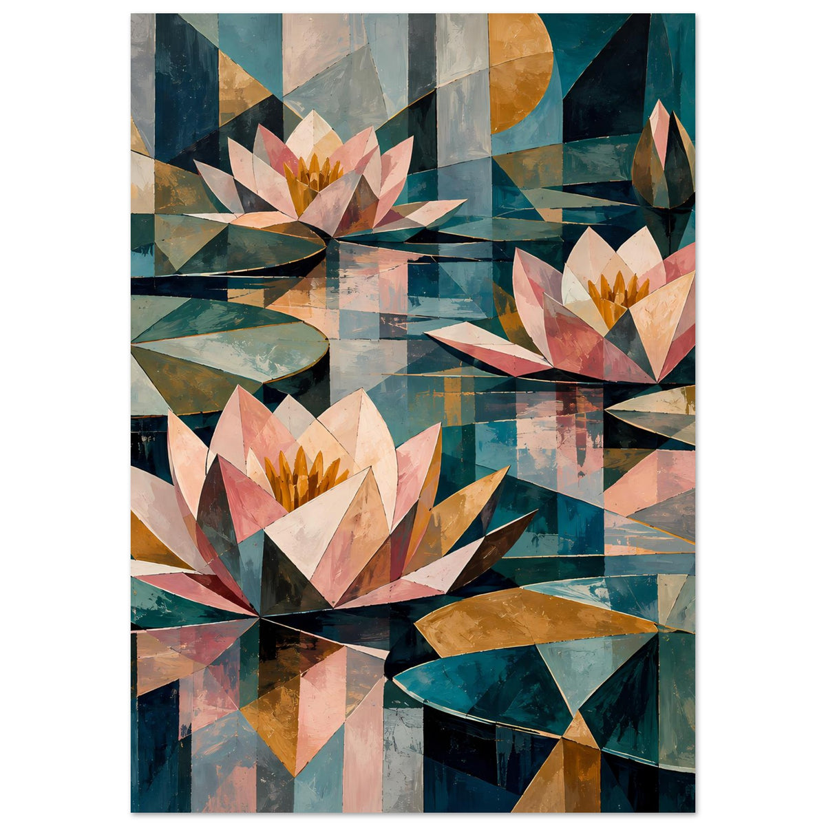 Blumenposter mit geometrischen Seerosen in Petrol, Pastellrosa und warmen Gelbtönen