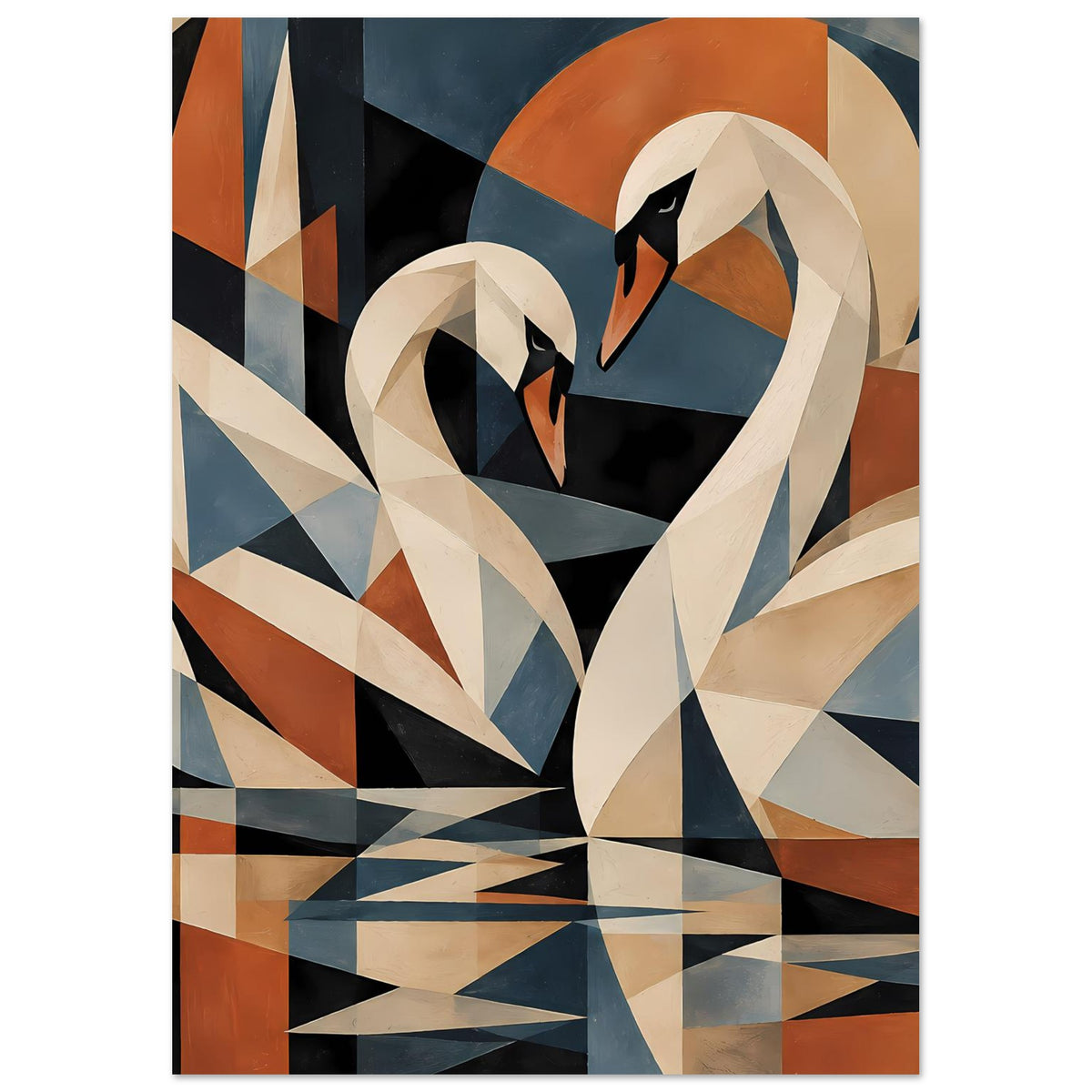 Kubistisches Schwanen-Poster, vertikales Motiv mit Herzform-Schwan in warmen Erdtönen