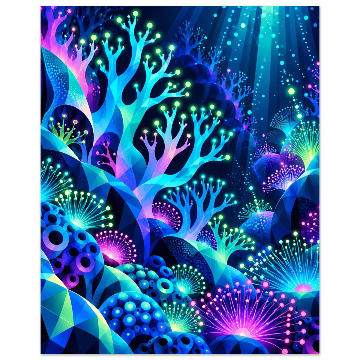 Neon-Unterwasserwelt-Poster im Hochformat mit leuchtenden Korallen, Quallen und Lichterketten, blau-violett.