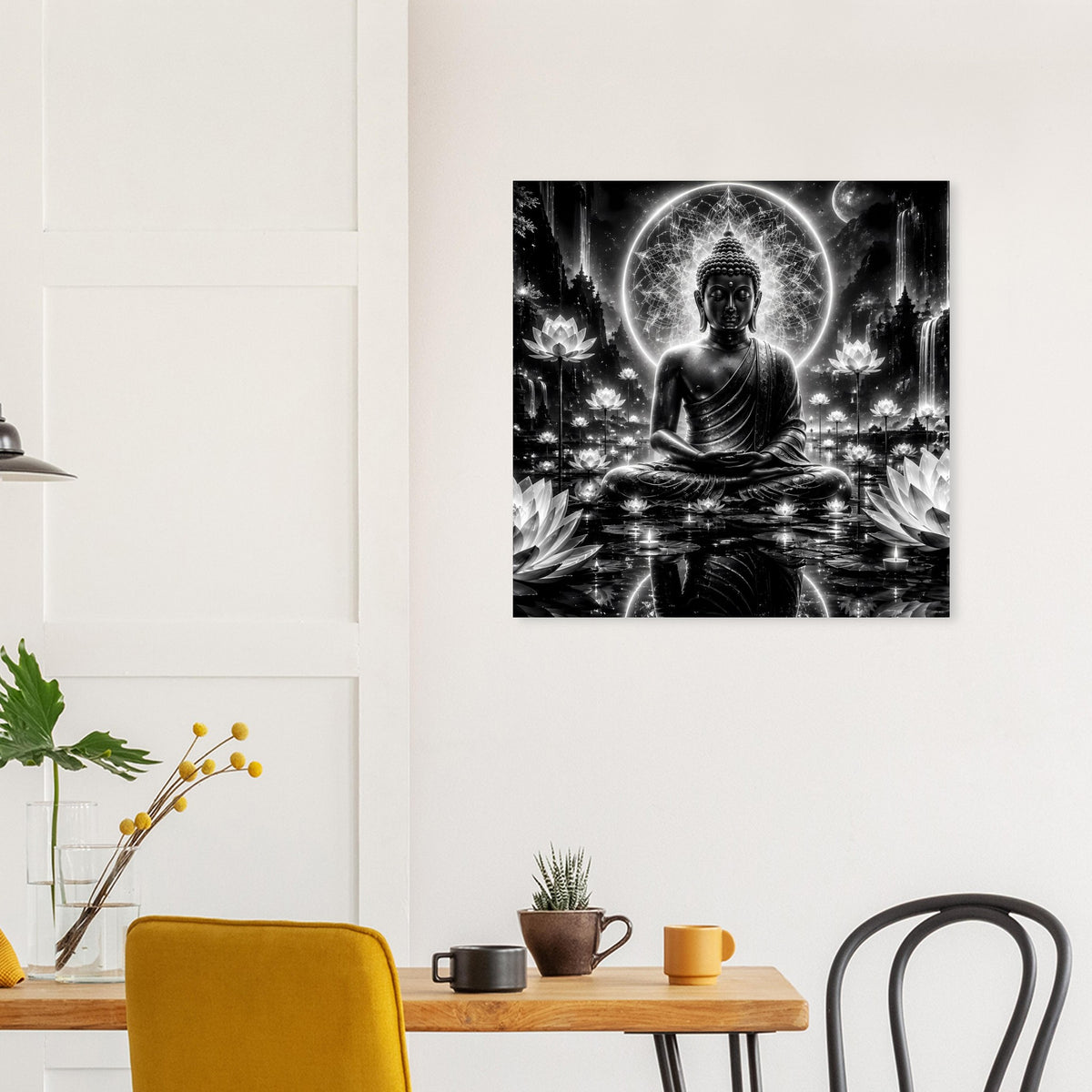 Buddha-Poster Schwarzweiß: sitzender Buddha mit rundem Lichtkranz