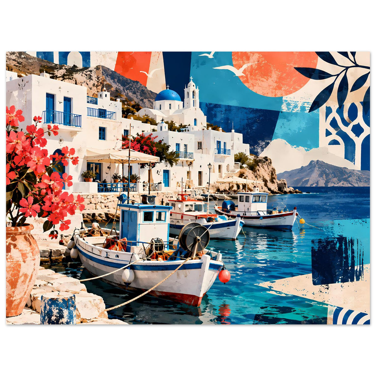 Poster, horizontal: mediterraner Hafen mit Booten, Kirche und blau-orangem Himmelsmotiv