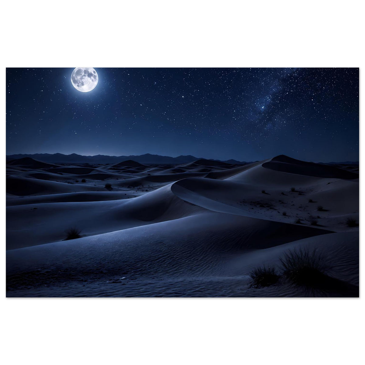 Wüstenlandschafts-Poster mit Mondlicht über Dünen und Sternenhimmel, blau-dunkle Töne