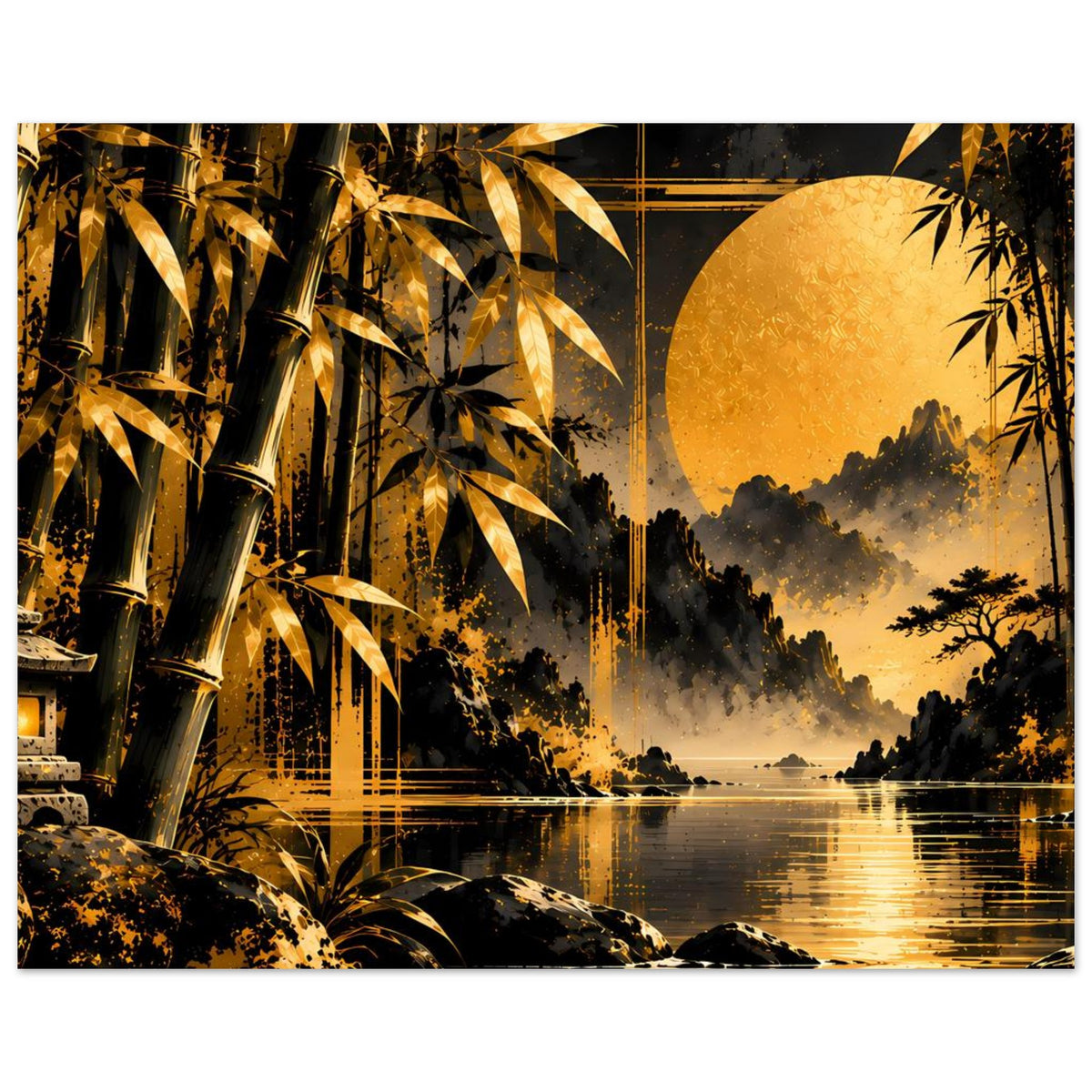 Weitformat-Poster der Bambuslandschaft: goldene Abendsonne, See und Baum-Silhouette rechts