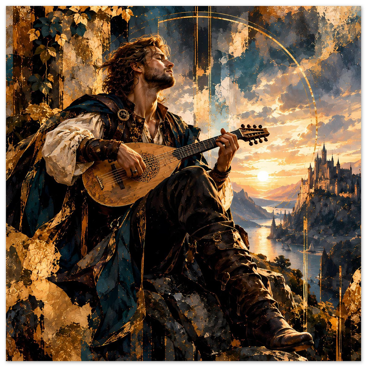 Vertikales Poster: Fantasy-Barde spielt Gitarre, Sonnenuntergang mit Burg im Hintergrund