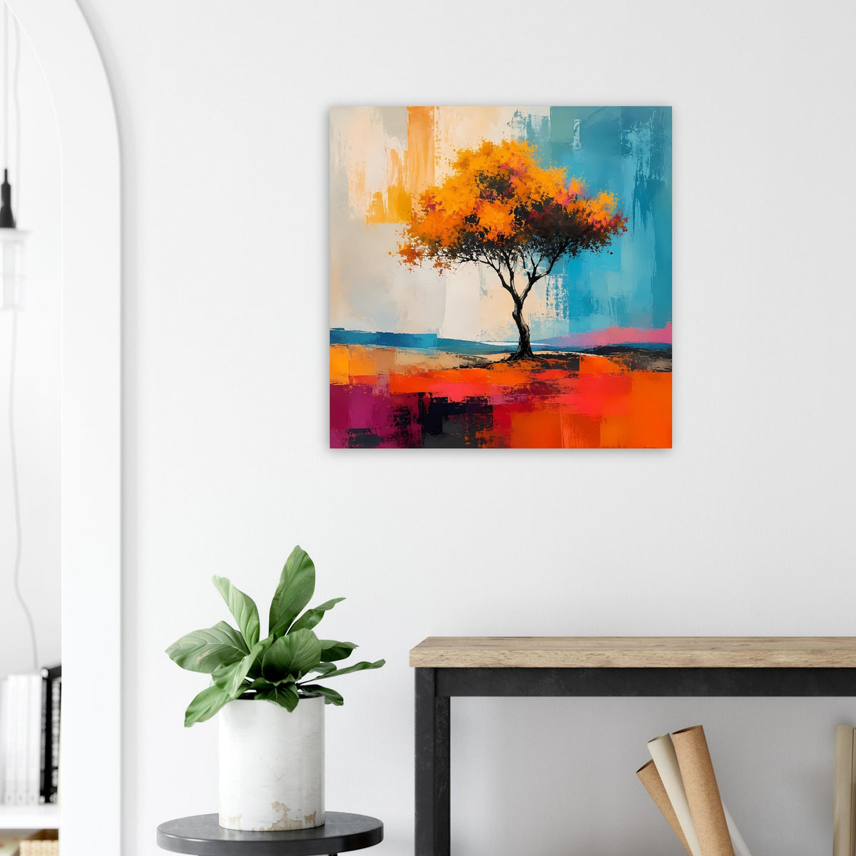 Kleines Wandposter mit Baum: orangefarbene Krone, türkisblauer Hintergrund