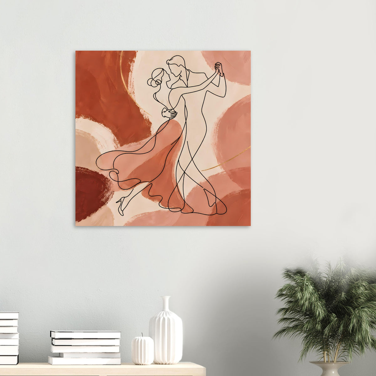 Kunstposter: tanzendes Paar, Linienkontur auf warmem Hintergrund in Beige und Terrakotta