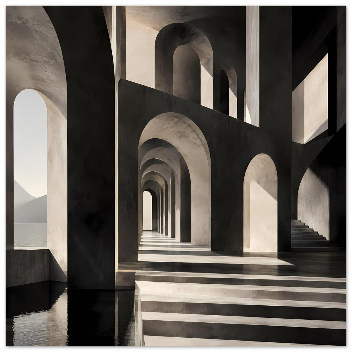 Architekturposter mit Perspektivblick durch Arkaden, dunkle Säulen und helle Schattenbereiche