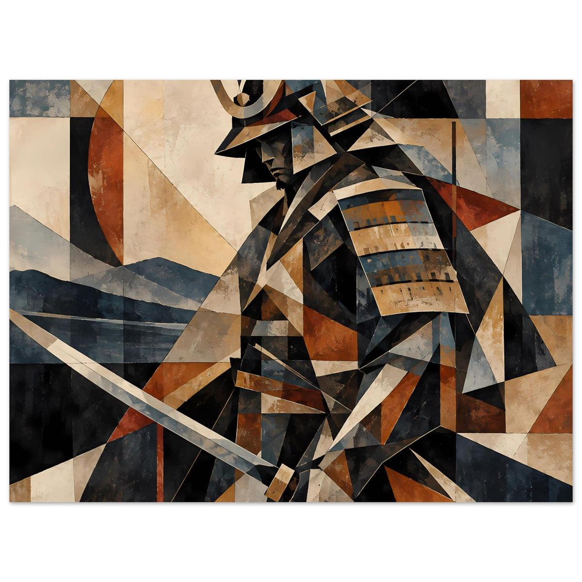 Poster mit geometrischem Samurai-Krieger in Erdtönen und Blau, Figur mittig, diagonale Klinge