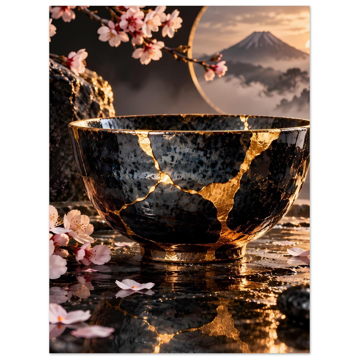 Kintsugi-Elegance-Poster: goldgerahmte Risse auf schwarzer Schale, Kirschblüten
