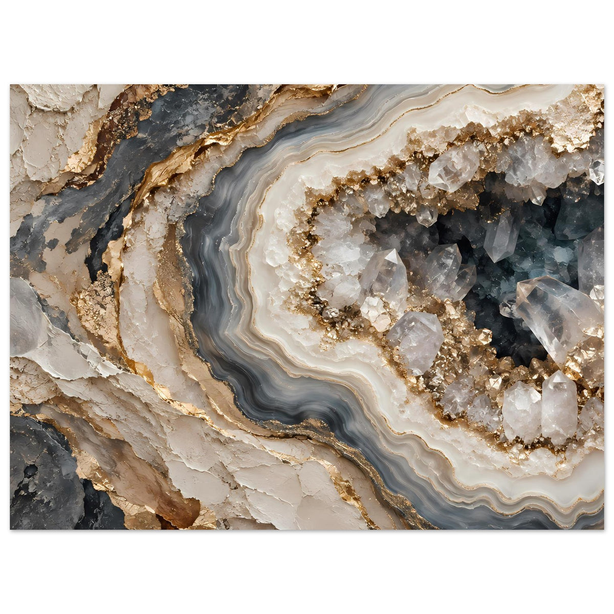 Poster mit Geoden-Schichten in Creme, Rauchgrau und Gold, vertikal, breiter Bildausschnitt