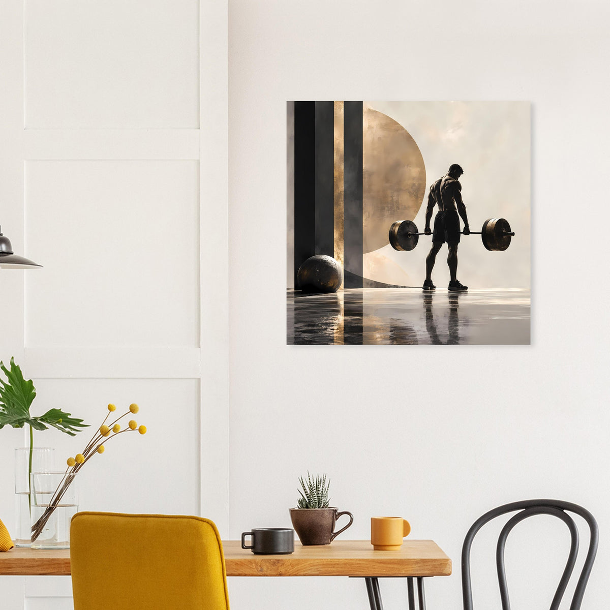 Krafttraining-Poster: Silhouette hebt Hanteln, mit Spiegelung und dunklen Streifen links