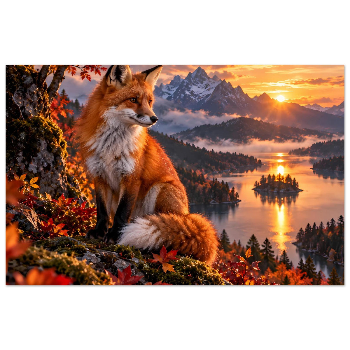 Wandposter im Querformat: Fuchs auf Fels mit Blick auf Berge und See bei Dämmerung