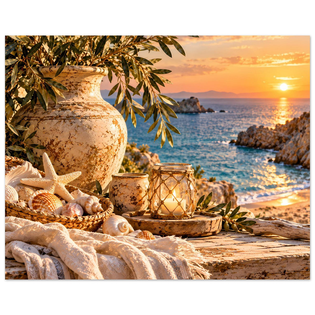 Küstenbild mit drapiertem Tuch, Vase, Olivenzweigen, Muscheln, Seestern und Laterne am Meer.