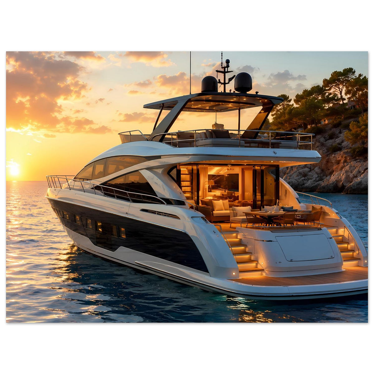Poster: Luxus-Motoryacht mit beleuchteter Terrasse, von vorn schräg