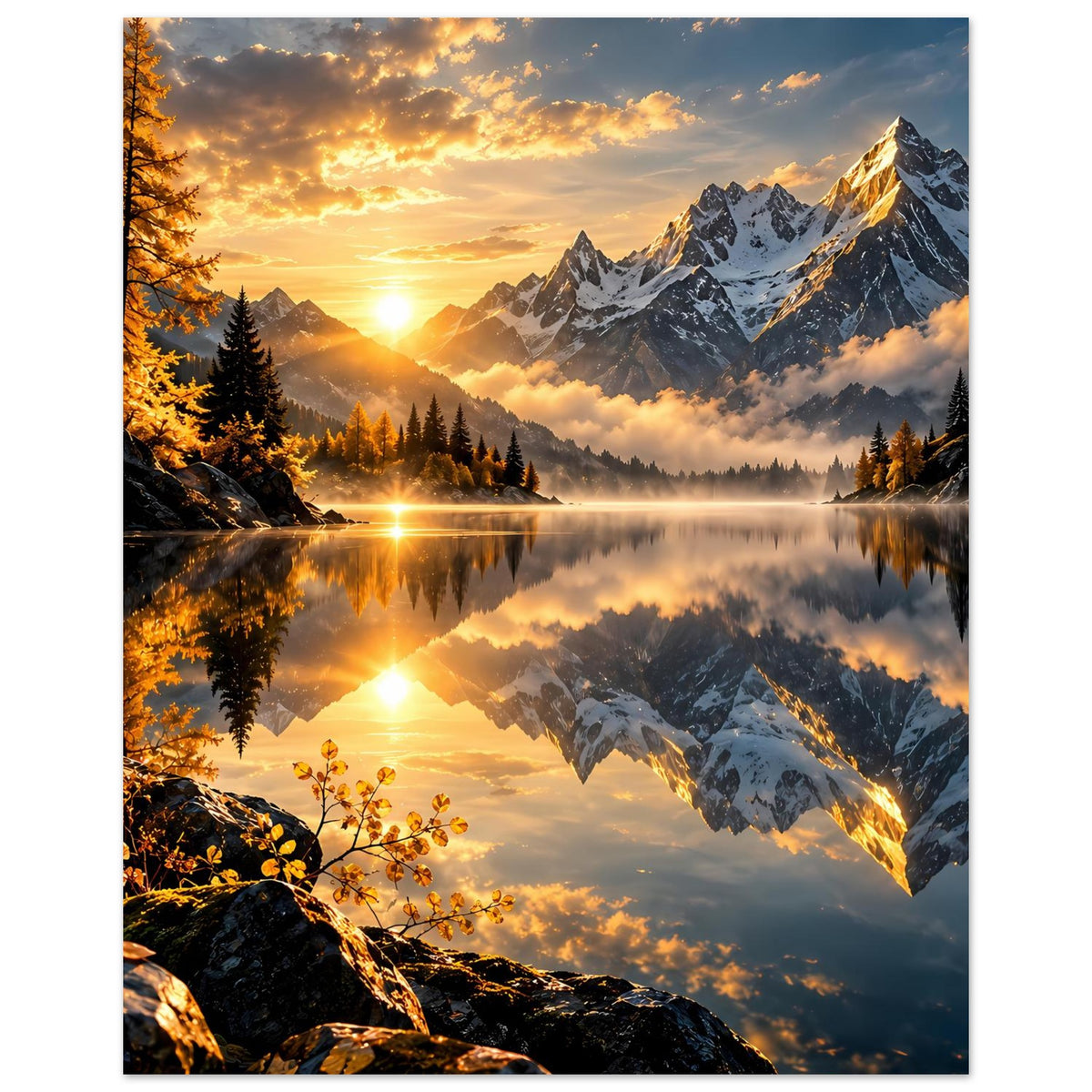 Hochformat-Poster: Sonnenaufgang über Bergen, spiegelnder See und Tannen am Ufer