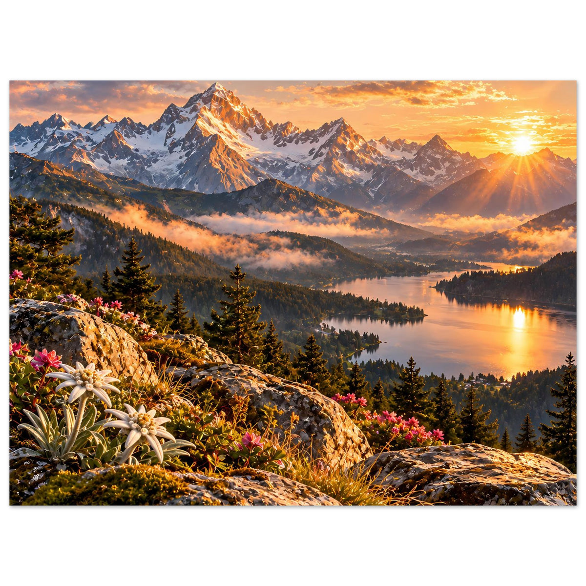 Landschaftsposter mit Alpenbergen, goldenem Himmel, See und Baumgürtel; Blüten am Felsen