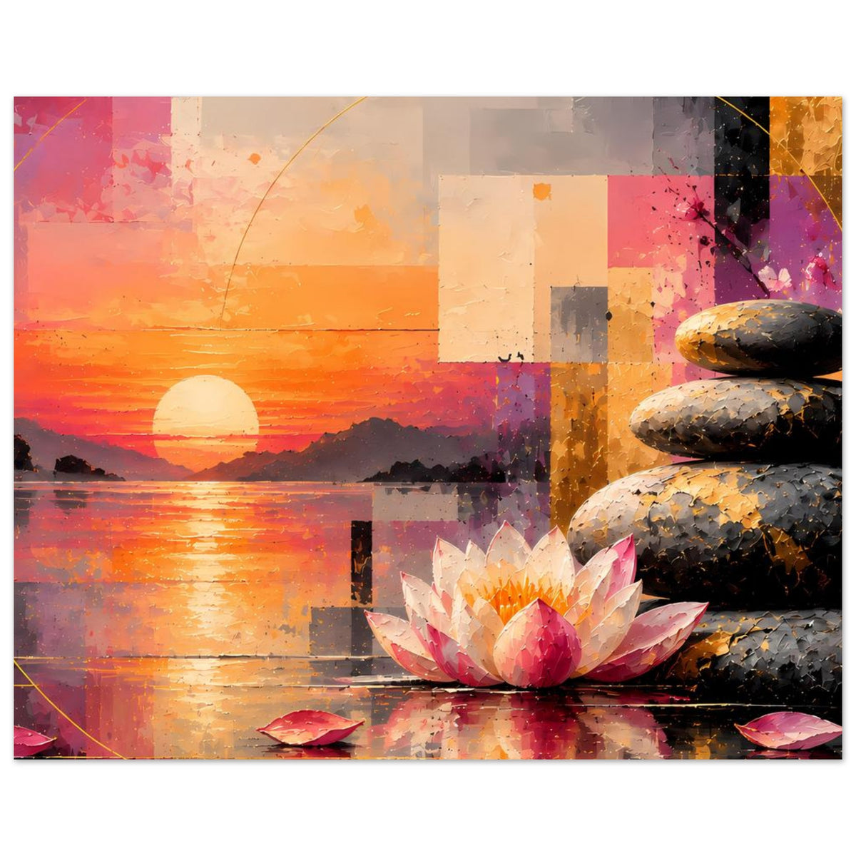 Zen-Poster im Querformat: Lotusblüte mittig, Steine rechts, Sonnenuntergang in Orange
