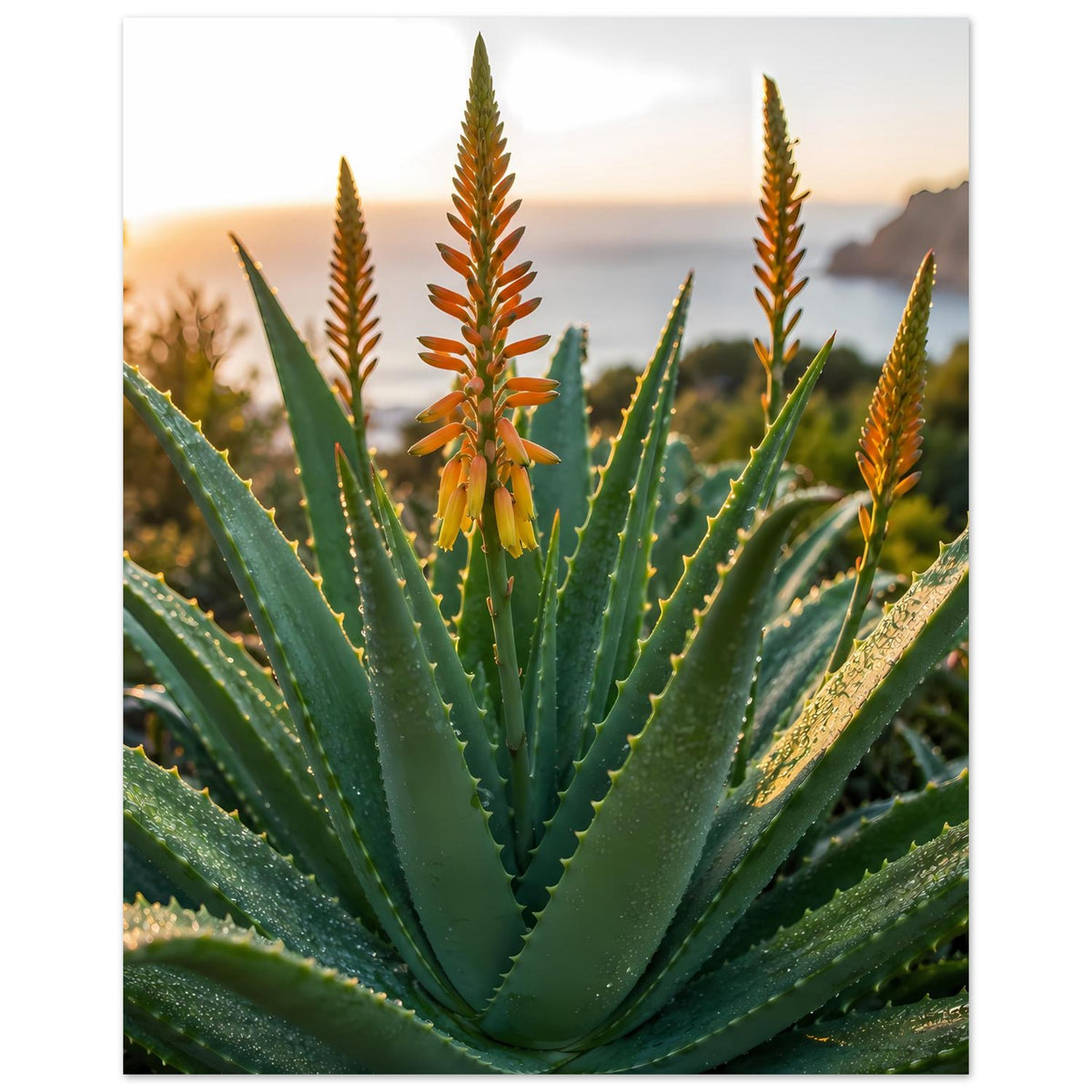 Poster mit Aloe-Blüten: grüne Sukkulente und orangefarbene Blütenstände, Hochformat