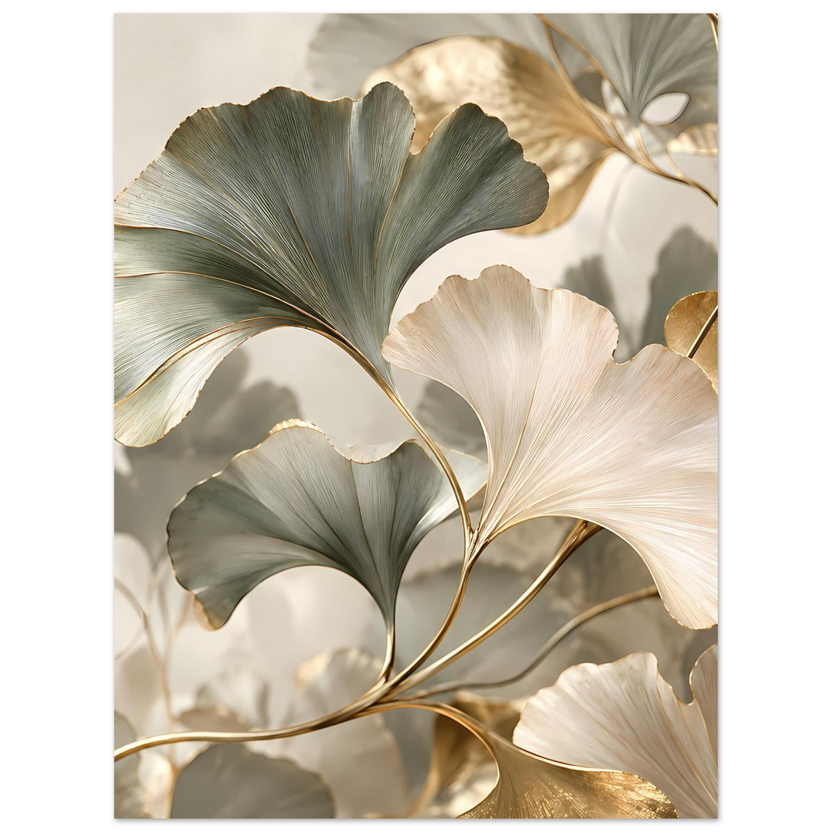 Poster mit Ginkgo-Blättern: hellcremefarbene Blütenblätter, grüne Blätter und goldene Adern