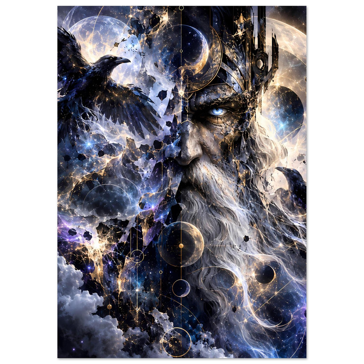 Fantasy-Poster im Hochformat mit Sagenkönig-Gesicht, Rabe, Sternen und Mondlicht