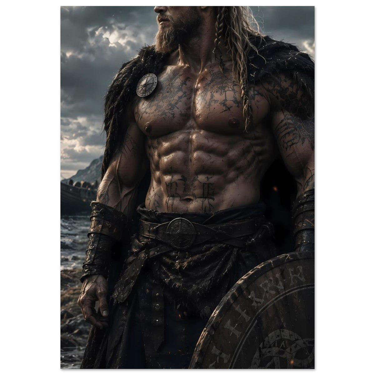 Fantasy-Poster mit Wikingerkrieger im Portraitstil, Schild rechts angeschnitten