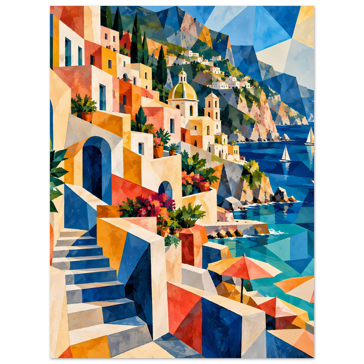 Poster im Hochformat mit Küstenlandschaft: Treppe, Häuser, Kirche und blaues Meer