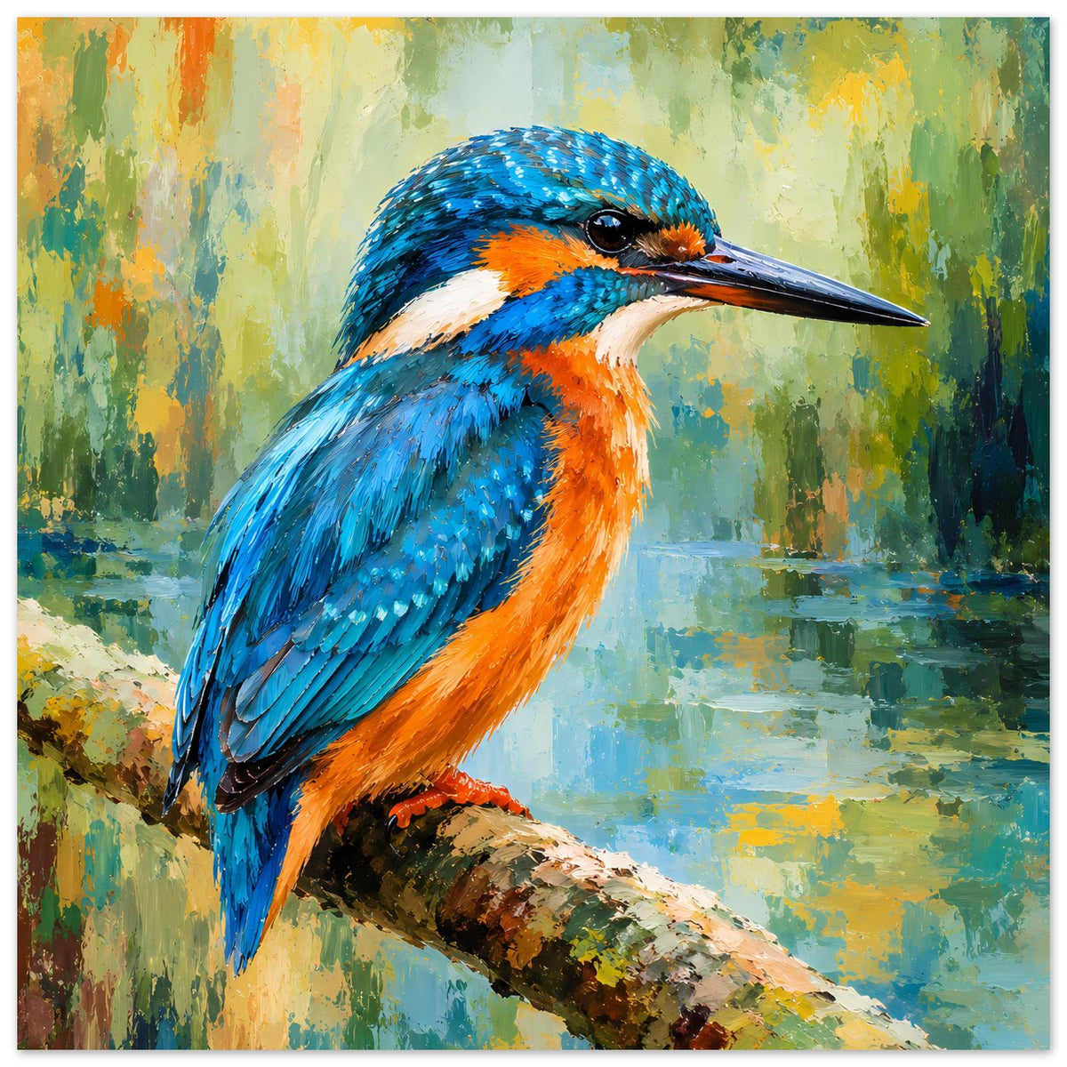 Vibrant Kingfisher Poster, Querformat auf mattem Papier mit blau-orangefarbenem Vogel und Zweig